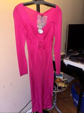 Tom Ford Hot Pink Long Sleeve Cutout Midi Dress